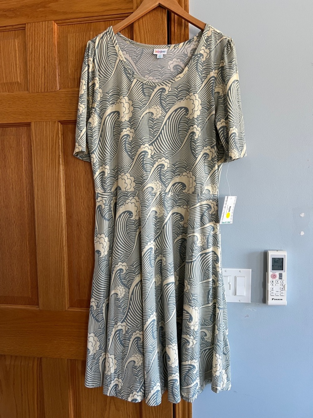 LuLaRoe Nicole Blue & Cream Wave-Print Dress